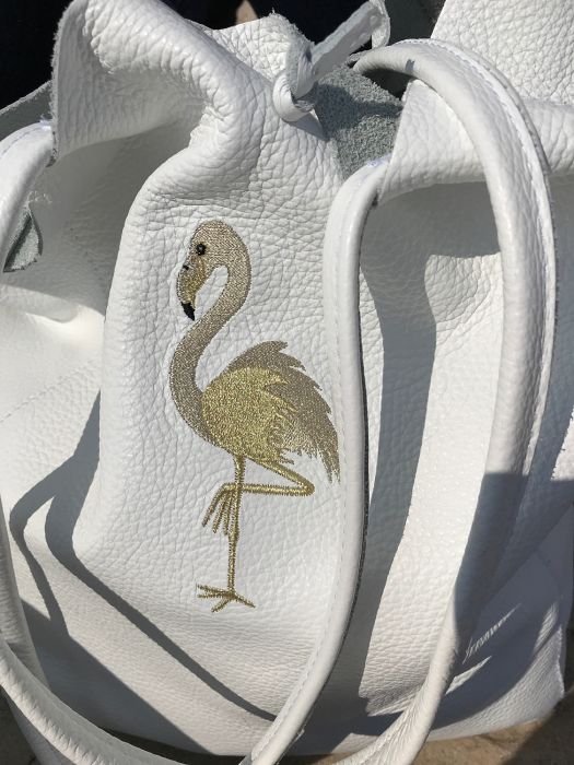- Weisser Lederbeutel Venezia & Flamingo in Gold
