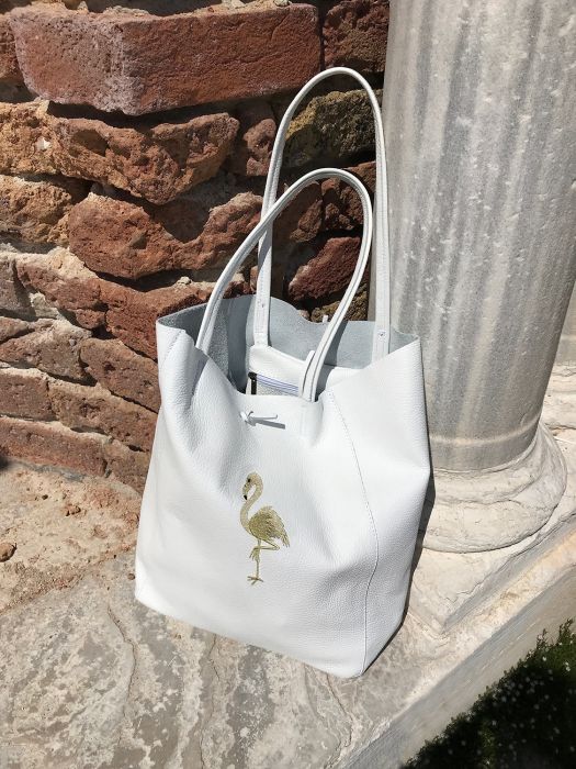 - Weisser Lederbeutel Venezia & Flamingo in Gold